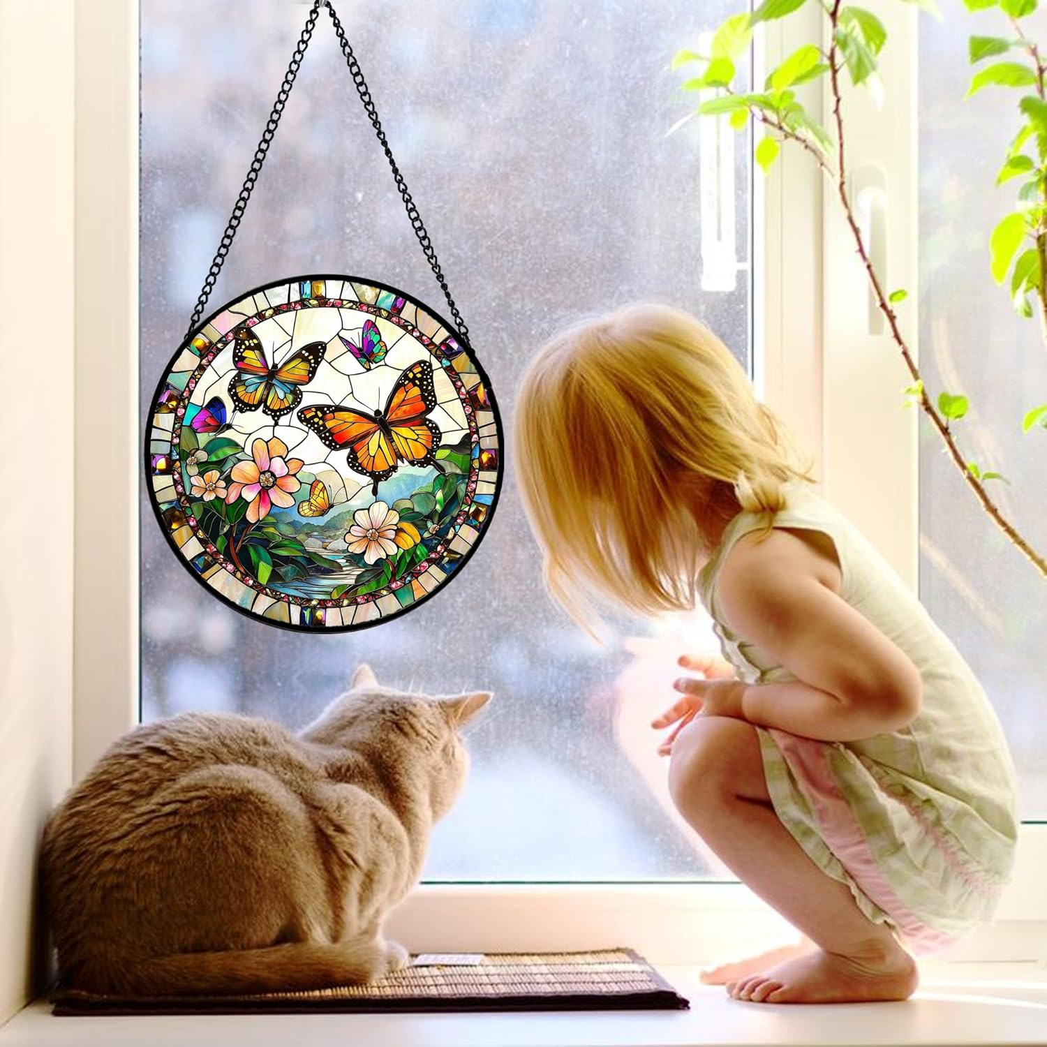 Stained Glass Window Hanging, Butterflies Flying in The Sky Suncatcher for Doors Home Sun Catchers Decoration and Christmas, Mother's Day Birthday Gifts for Women, Men, and Mom 9.8 in