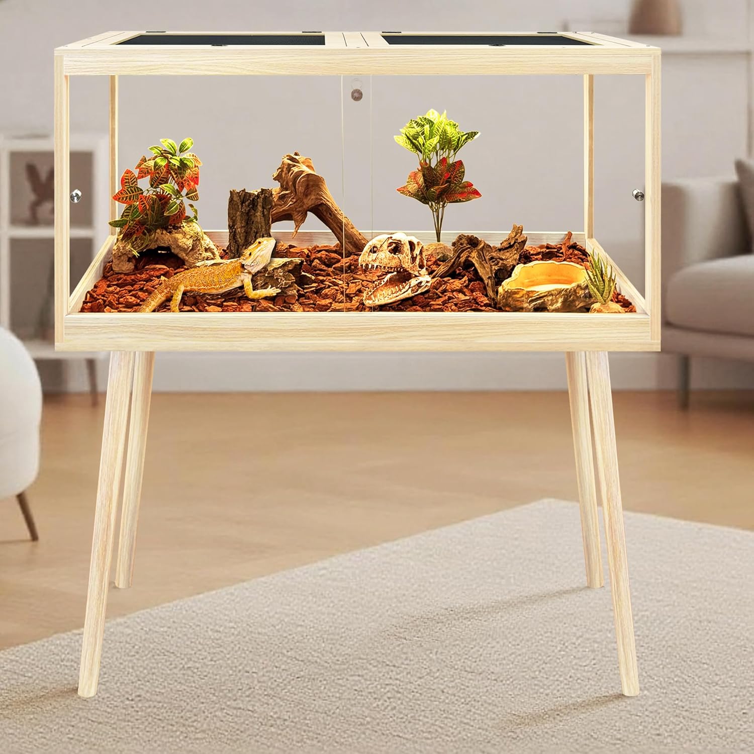 Prolee Bearded Dragon Tank with Leg Stand,Wooden Lizard Tank,Reptile Tank with Metal Mesh Roof Door, Acrylic Panel Snake Tank with Lock Design (Oak, 32"x16"x16")