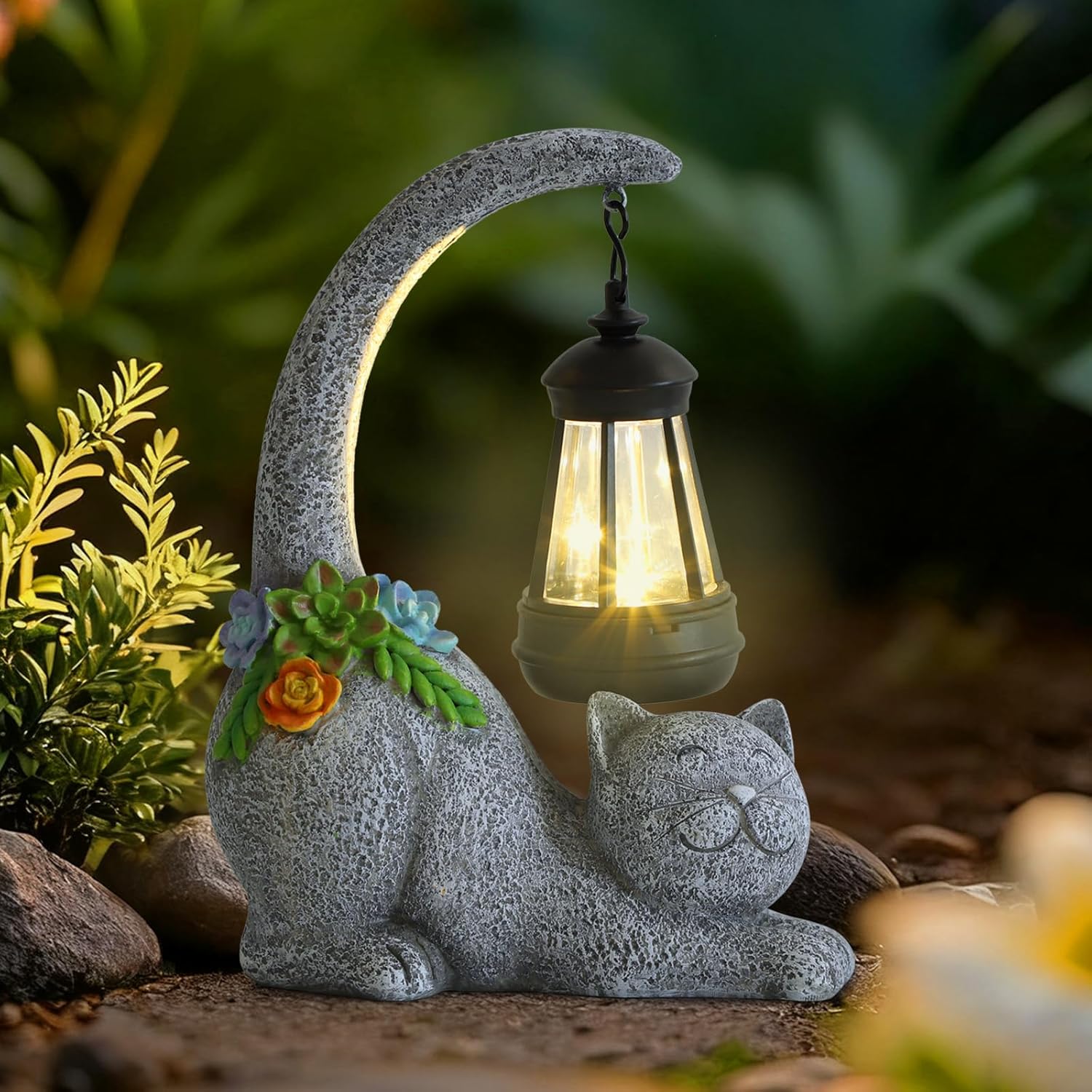 Garden Cute Cat Gnome Statue Decorations - Solar Resin Cat wtih Solar Garden Lights Outdoor Decorations Waterproof for Patio,Yard,Lawn,