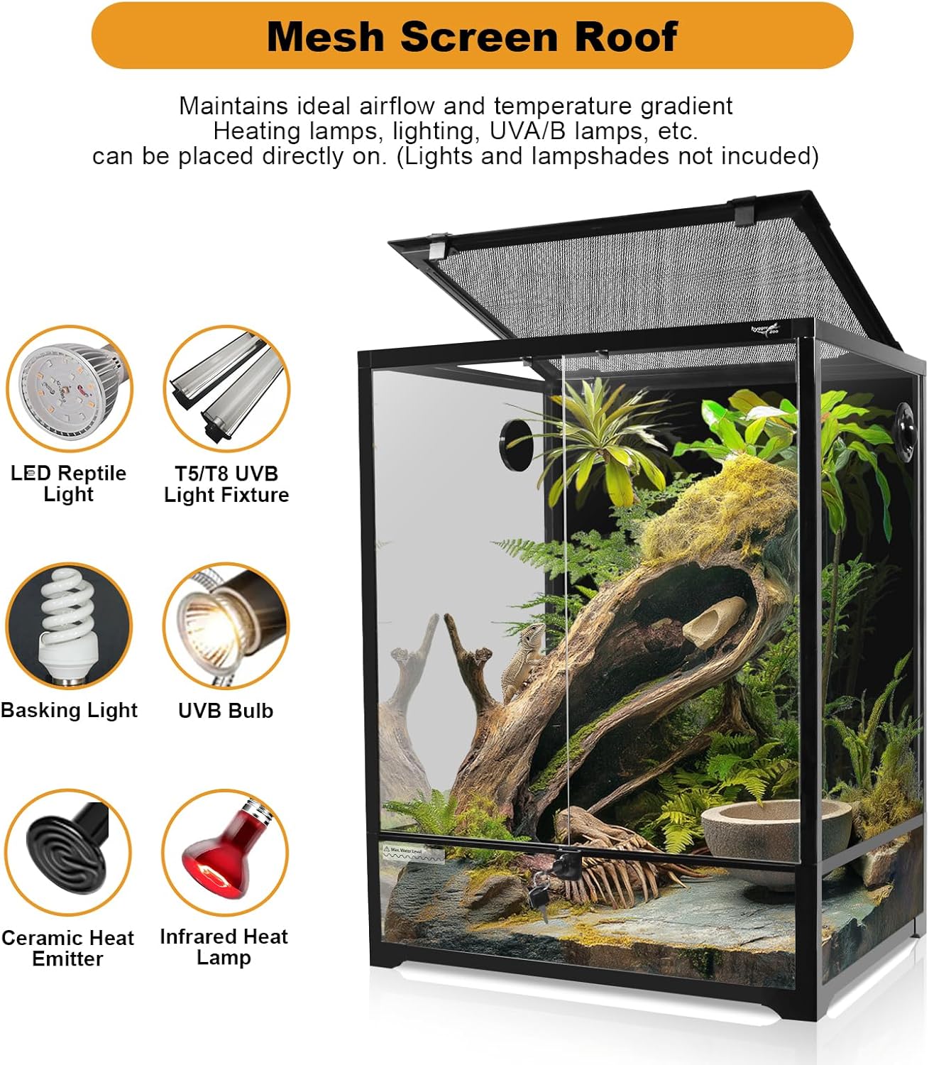 Glass Reptile Terrarium 24" x 18" x 30"Front Opening Chameleon Cage ull View Glass Terrarium Tank with Double Hinge Door for Reptiles Amphibians, Bearded Dragon Gecko Lizard Snake