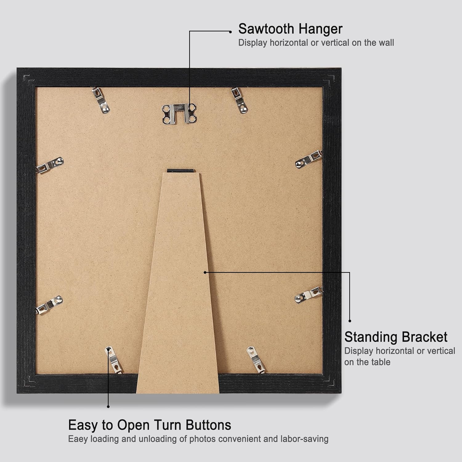 12x12 Picture Frame Set of 4 - Made of Glass and Rustic Black Wooden Frame, Display Square Pictures 10x10 with Mat or 12 x 12 without Mat, Desktop & Wall Collage Photo Frame