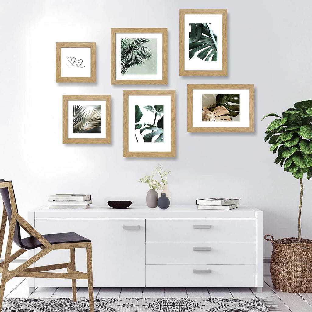 12x12 Picture Frame Set of 4 - Made of Glass and Natural Oak Wooden Frame, Display Square Pictures 10x10 with Mat or 12 x 12 without Mat, Desktop & Wall Collage Photo Frame