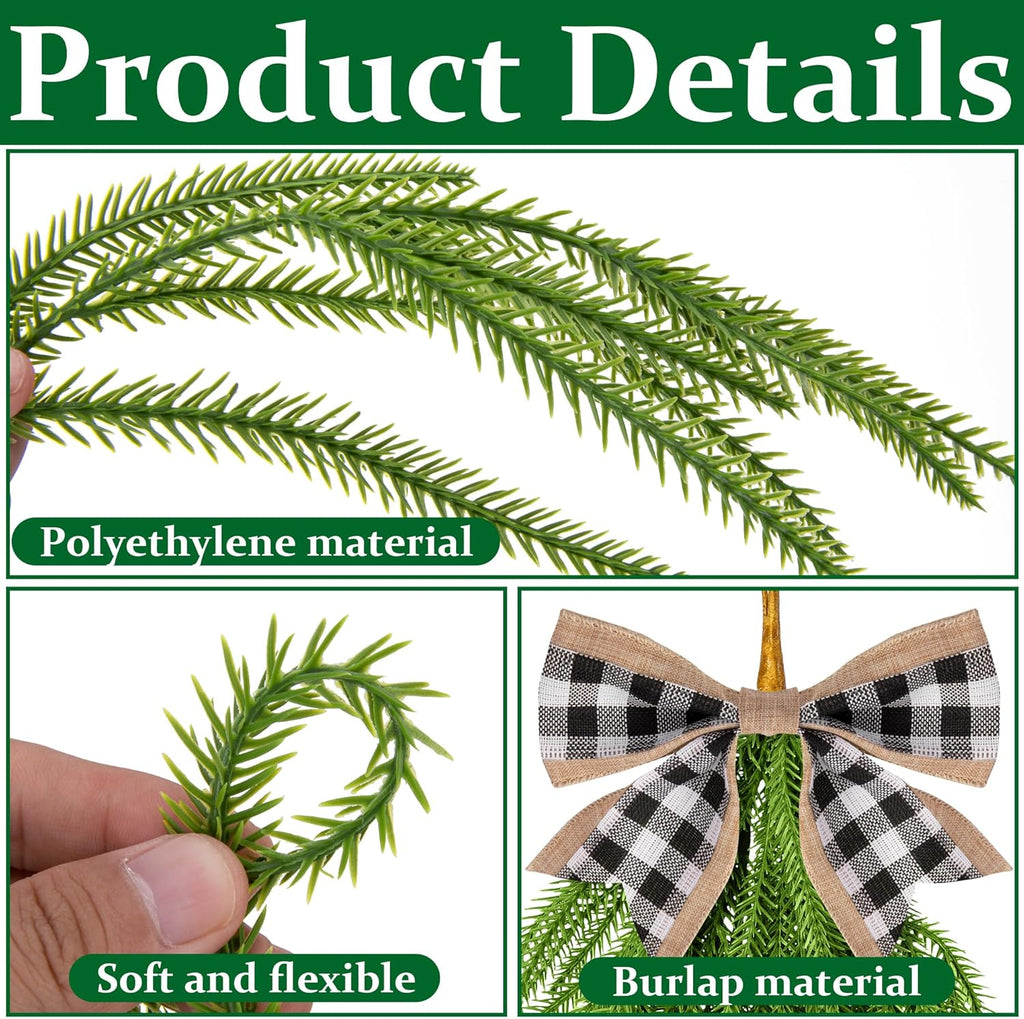 2 Pcs Artificial Christmas Teardrop Swag with Plaid Bow, 28" Faux Pine Needles Teardrop Door Swag, Christmas Norfolk Greenery Teardrop Wreath for Xmas Door Mantle Fireplace Indoor Outdoor Decor