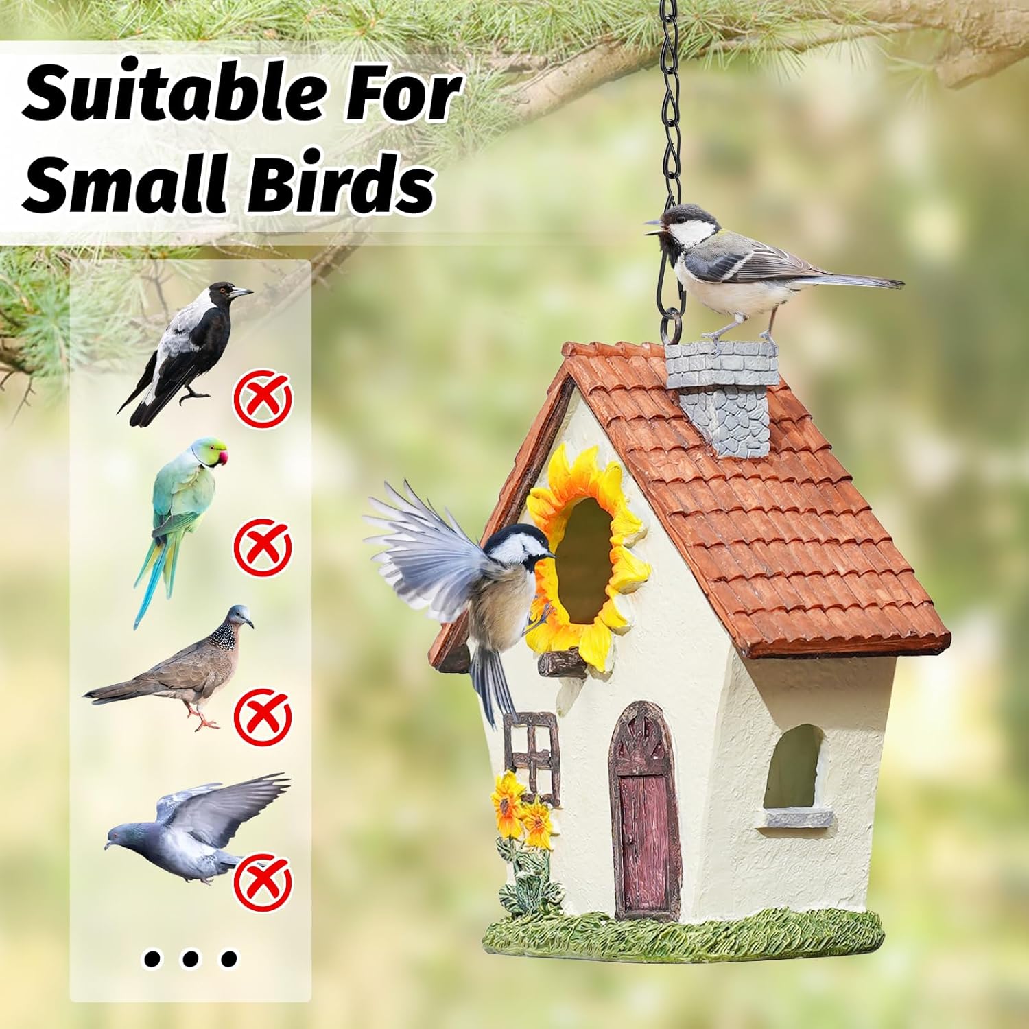 Garden Bird House for Outside, Hanging Resin Birdhouse Hummingbird House for Blue Bird Sparrow Chickadee, Sunflower Decorative Bird Box for Outdoors Country Garden Courtyard (Brown, Small)