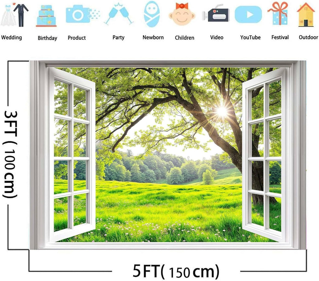 6 x 4 ft Spring Tree Window Backdrop Sunshine White Windowsill Floral Scenery Photography Background Forest Green Grass Natural Newborn Birthday Party Banner Decorations