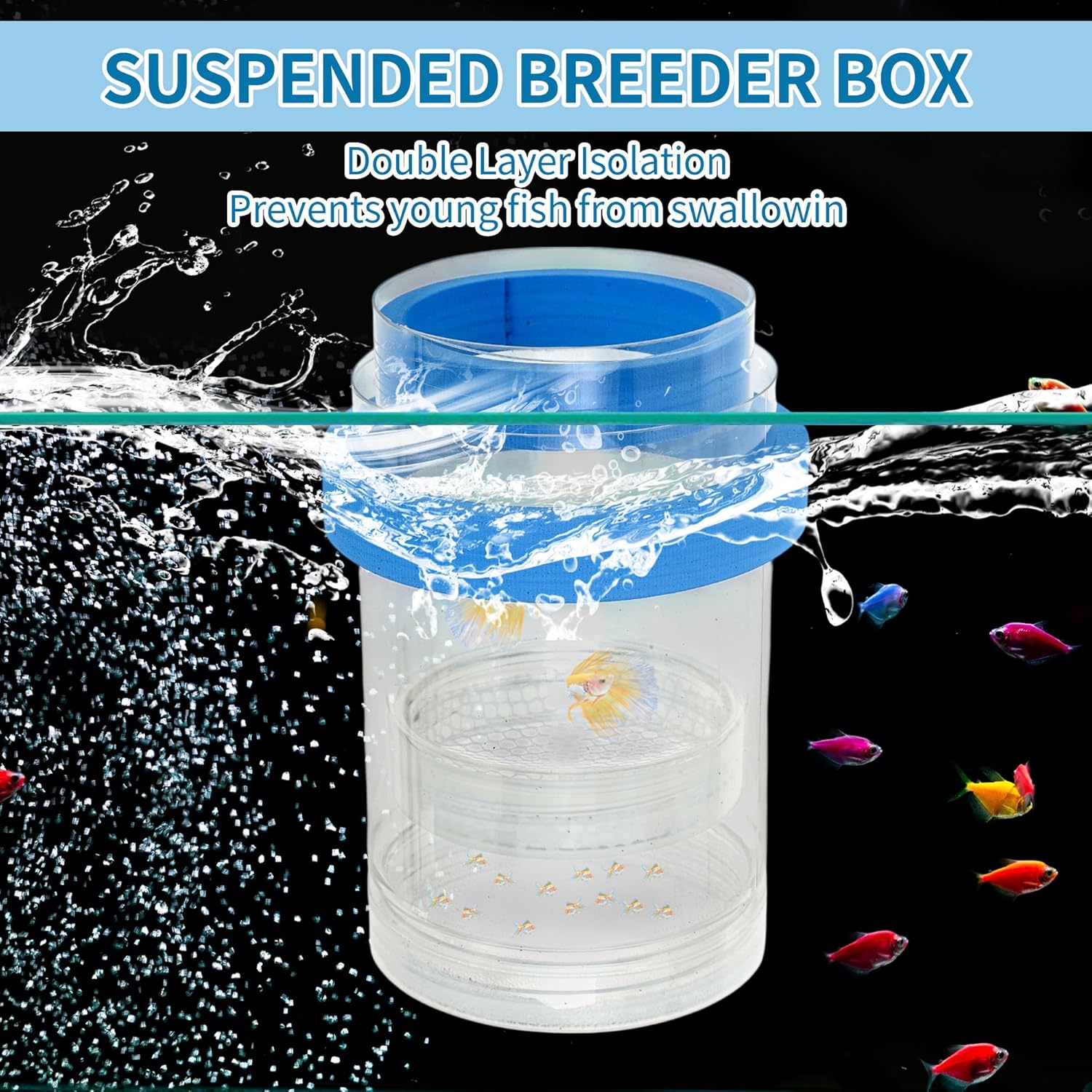 Suspensions Breeder Box, Floating Mesh Isolation Fish Tank Separator Set, Ideal for Aquatic Pets, Large, Blue, 1 Set