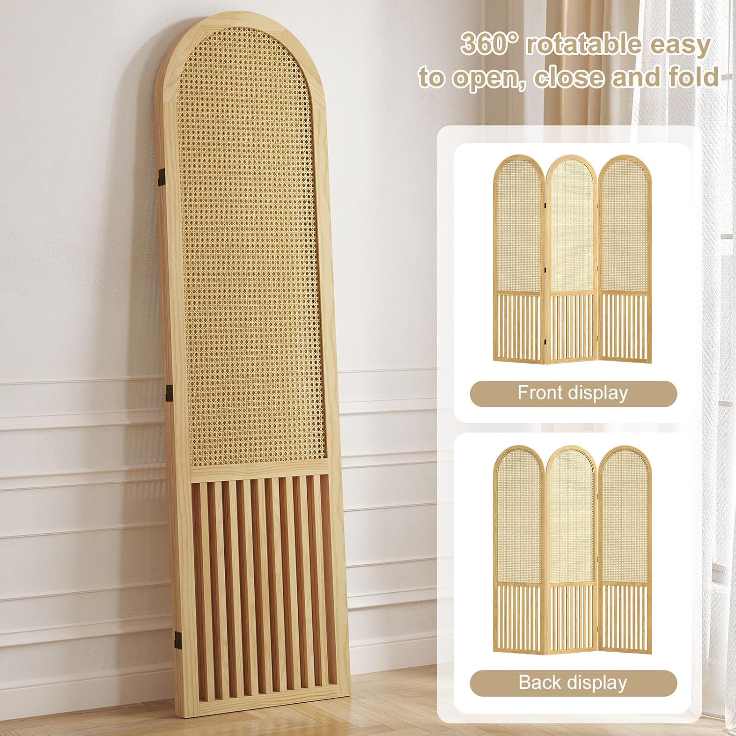 3-Panel Hand-Woven Rattan Room Divider, Tall Foldable Privacy Screen with Wooden Frame - Freestanding Portable Partition for Home Office, Bedroom, Bathroom(Natural-Pine)