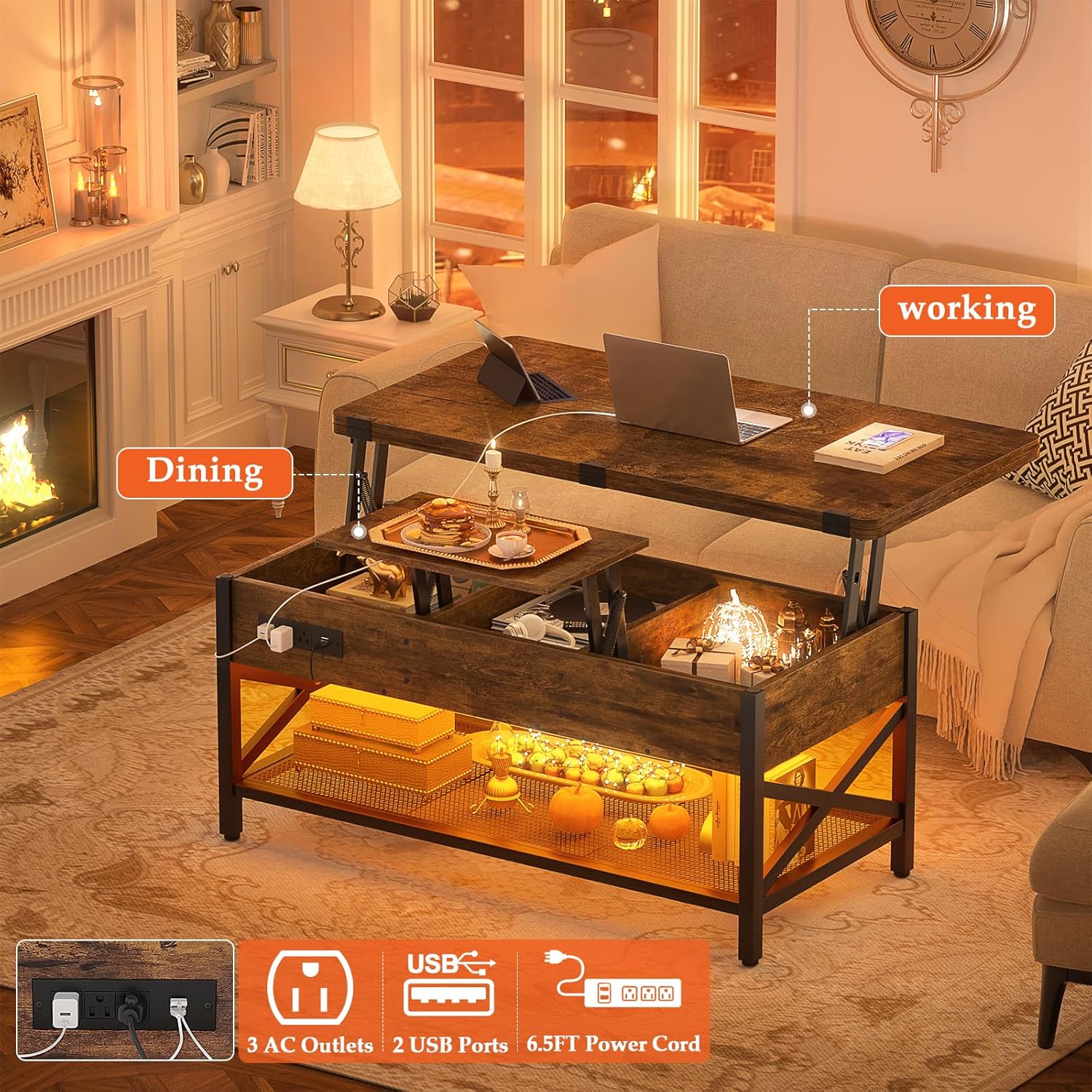 Aheaplus Coffee Table Lift Top with LED Light and Power Outlet, Multi-Function Coffee Table Converts to Dining Table, Center Table with Shelves for Living Room Reception Home Office, Rustic Brown