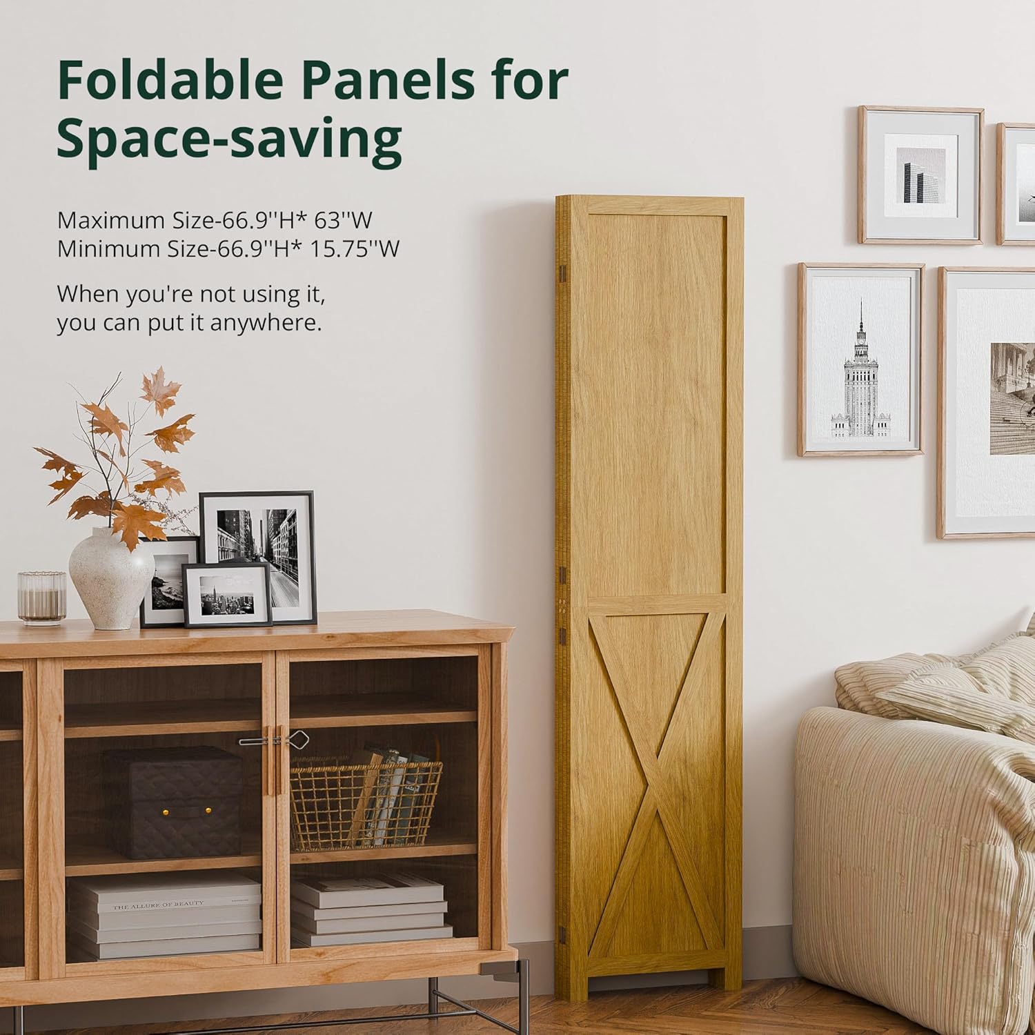 Cozy Castle Wood Room Divider, 4 Panels Folding Privacy Screen, 66.9'' Wall Divider, Barnwood Room Separator, Freestanding Partition, Temporary Wall for for Home Office Restaurant Decorative, Natural