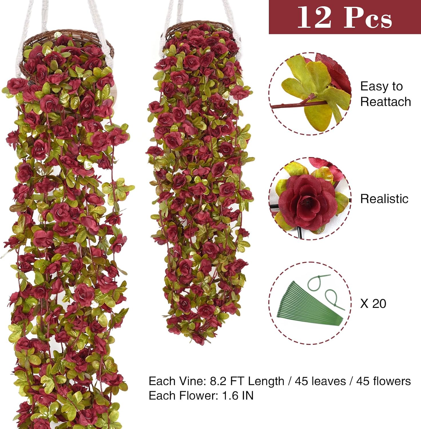 BLEUM CADE 12Pcs 98.4Ft Flowers Garland Artificial Rose Vines for Bedroom, Cute Fake Hanging Flower Vines Floral Garland Decorations for Wedding Party Wall Room Decor Aesthetic