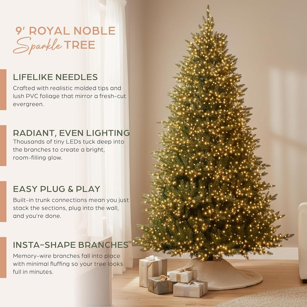 Holiday Bright Lights Royal Noble Sparkle 9 ft Pre-Lit Artificial Christmas Tree, 4,000 3 mm Rice Lights (White & Multicolor), 8 Modes, Remote & Foot Pedal