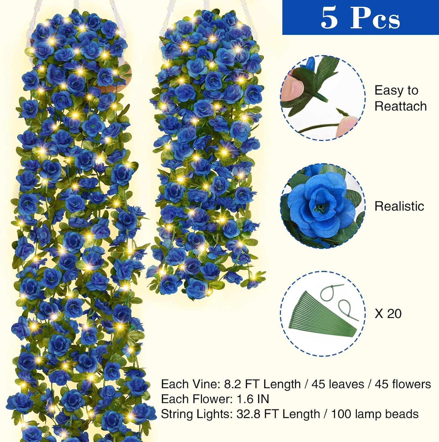 BLEUM CADE 5Pcs 41Ft Flower Garland Artificial Rose Vines with 32.8Ft String Lights, Cute Fake Hanging Flower Vines Floral Garland Decorations for Wedding Party Wall Room Decor Aesthetic