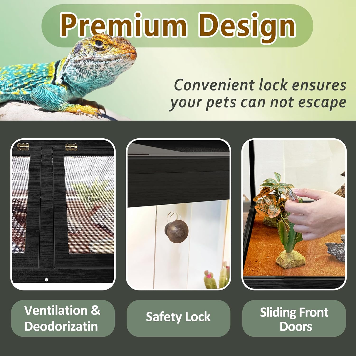 Prolee Tempered Glass Reptile Enclosure with Leg,40“ Scratch-Proof Bearded Dragon Tank,62 Gallon Lizard Tank with Metal Mesh Tops and Lockable Door,Spacious Reptile Habitat for Snake,Lizard (Black)