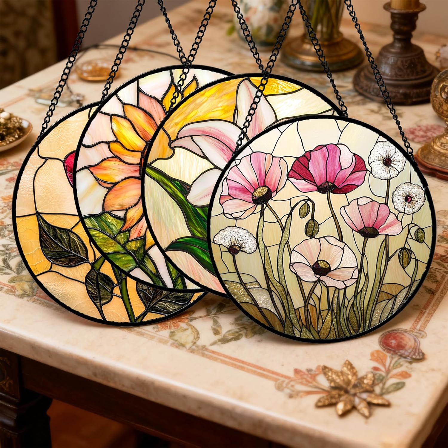 Stained Glass Window Hanging 4 Pcs Set Lily Rose Sunflower Poppy Large 11.8" - Flower Suncatcher Door Garden Sun Catcher Decor Birthday Mother's Day for Wife Woman Nana Girl