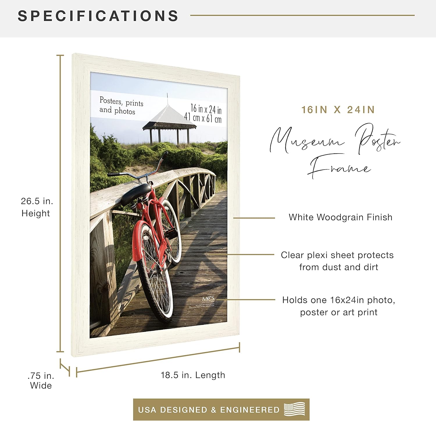 MCS Museum Poster Frame 16x24 White Woodgrain, Vertical & Horizontal Wall Hanging Large Picture Frame for Photos, Posters & Art Prints (1-Pack)