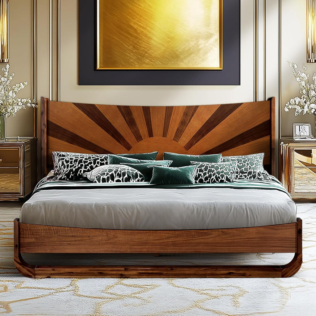 Sunset Deluxe Solid Acacia Wood Queen Size Platform Bed Frame with Tall Headboard, Mid-Century & Art Deco Design, No Box Spring Needed, Strong Wood Slat Support, Easy Assembly, Walnut