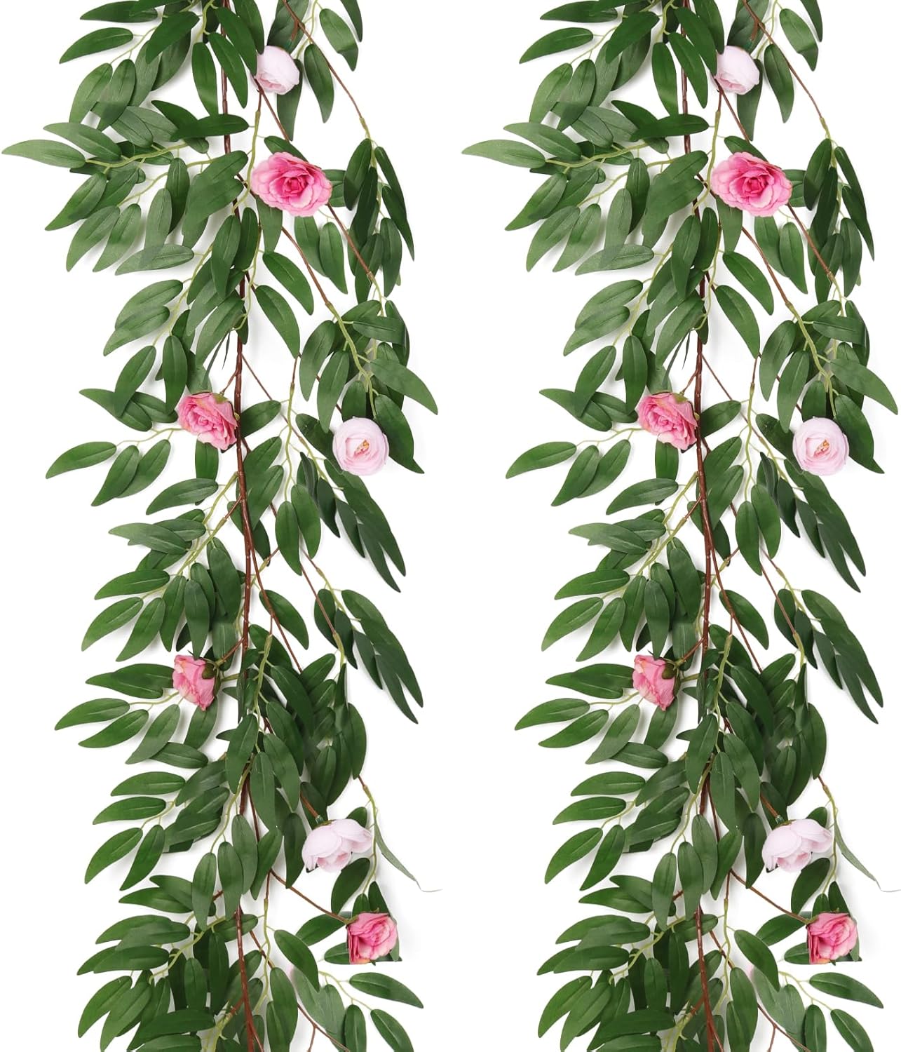 RECUTMS Artificial Hanging Willow Leaves Vine Twigs Whit Roses Flower 2Pc 5.7Ft Faux Ivy Plant Silk Green Leaf Rose Floral Garland Greenery Indoor Outdoor Wedding Jungle Birthday Party Garden Decor