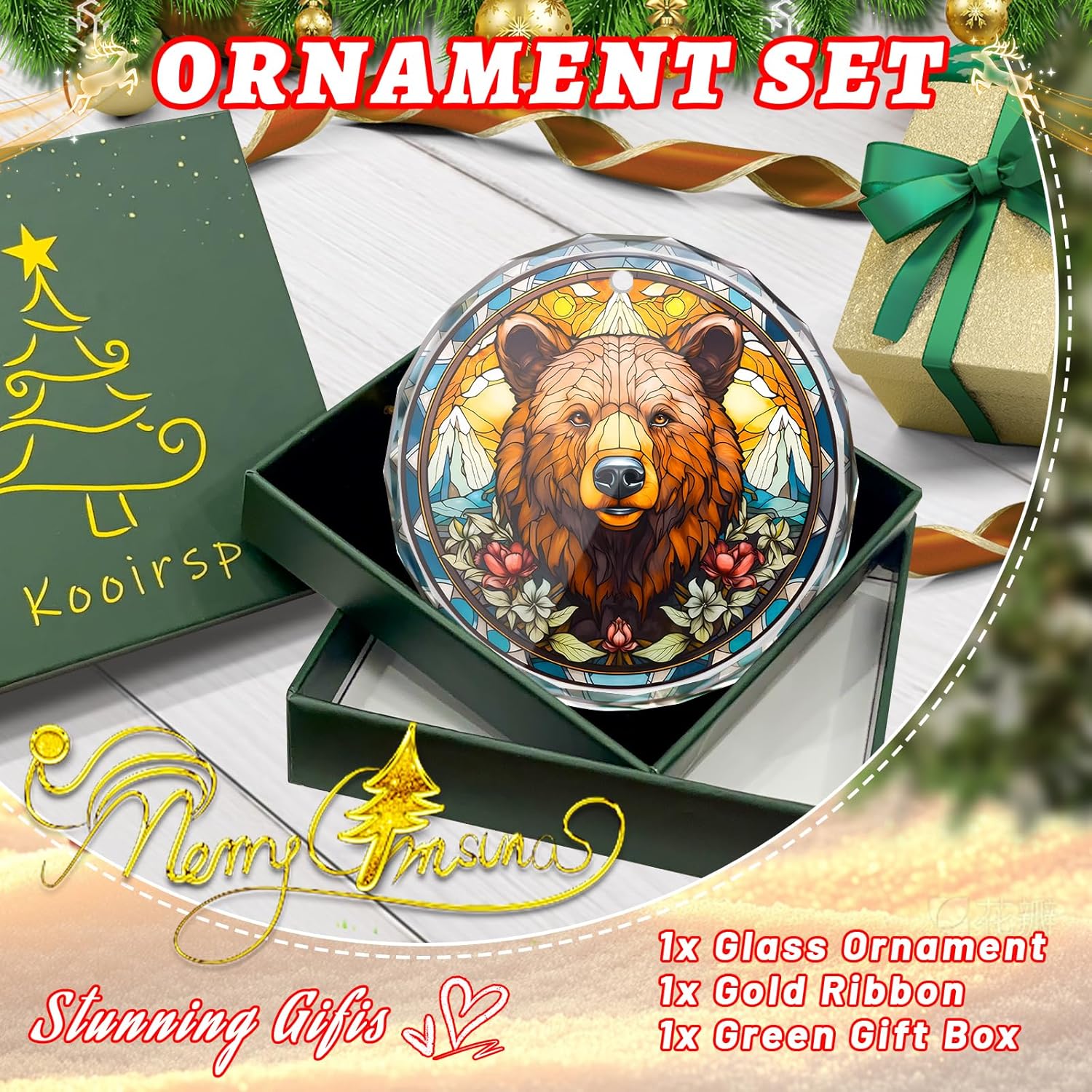 Brown Bear Stained Glass Ornament - Christmas Tree Decoration, Gift Exchange Present Idea