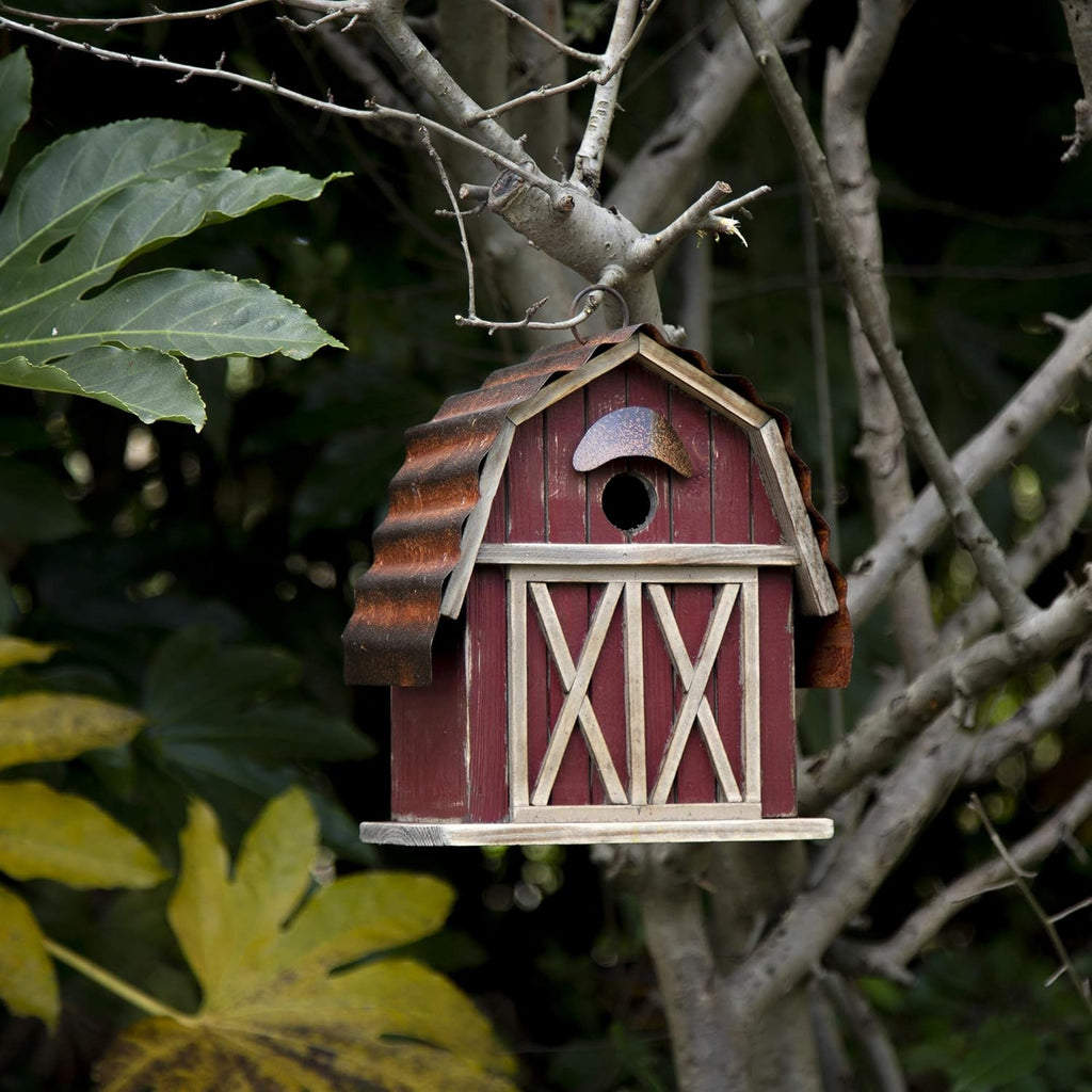 glitzhome 10.2" H Rustic Bird House Outdoor Garden Red Barn Patio Garden Decorative Handmade Distressed Solid Wood Birdhouse