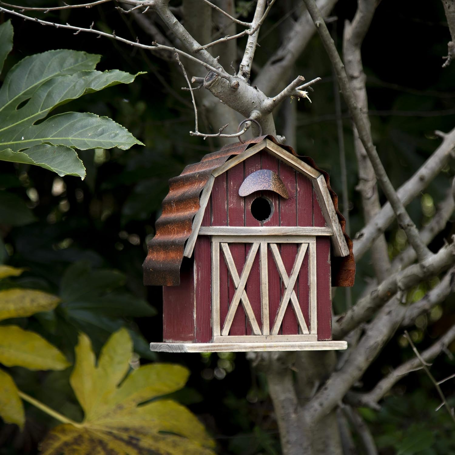 glitzhome 10.2" H Rustic Bird House Outdoor Garden Red Barn Patio Garden Decorative Handmade Distressed Solid Wood Birdhouse