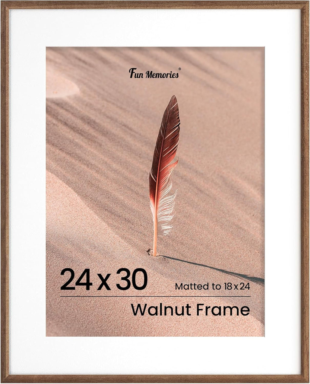Fun Memories 24x30 Poster Frame, Solid Oak Wood Picture Frames, Modern Photo Frame for Wall 24x30 with 18x24 Mat, High Definition Plexiglass & Wall Hook Included (Walnut, 1 Pack)