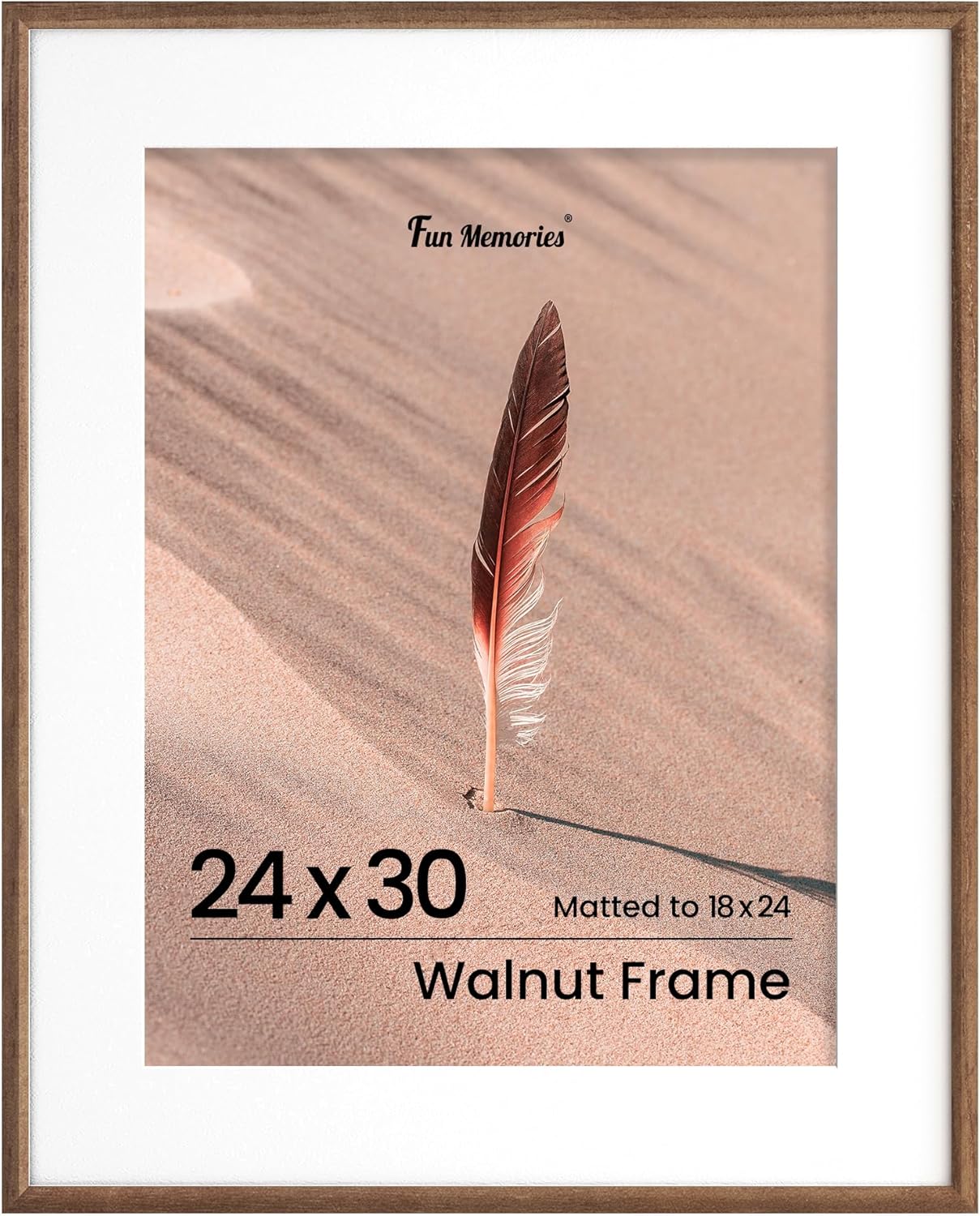 Fun Memories 24x30 Poster Frame, Solid Oak Wood Picture Frames, Modern Photo Frame for Wall 24x30 with 18x24 Mat, High Definition Plexiglass & Wall Hook Included (Walnut, 1 Pack)