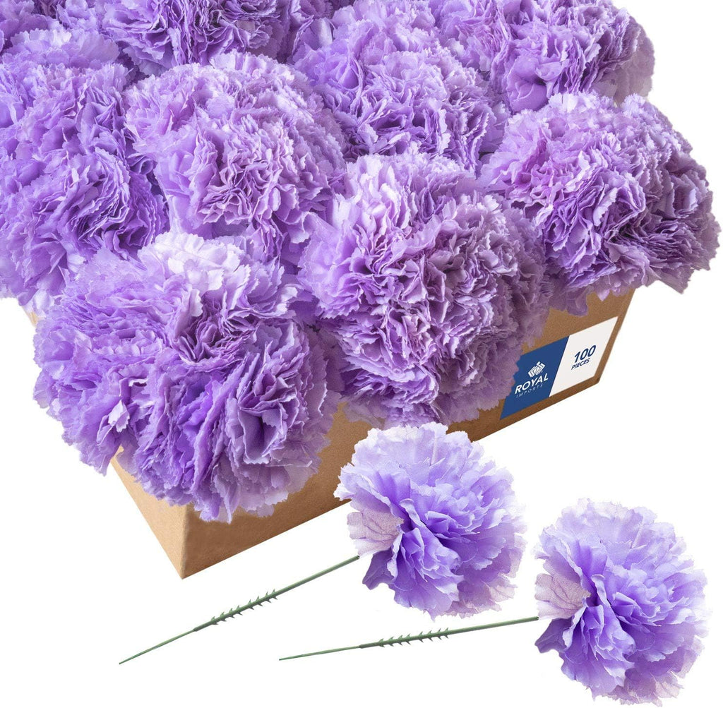 Royal Imports Artificial Carnations, Silk Faux Flowers, for Funeral Arrangements, Wedding Bouquets, Cemetery Wreaths, DIY Crafts - 100 Single 5" Stems - Lavender