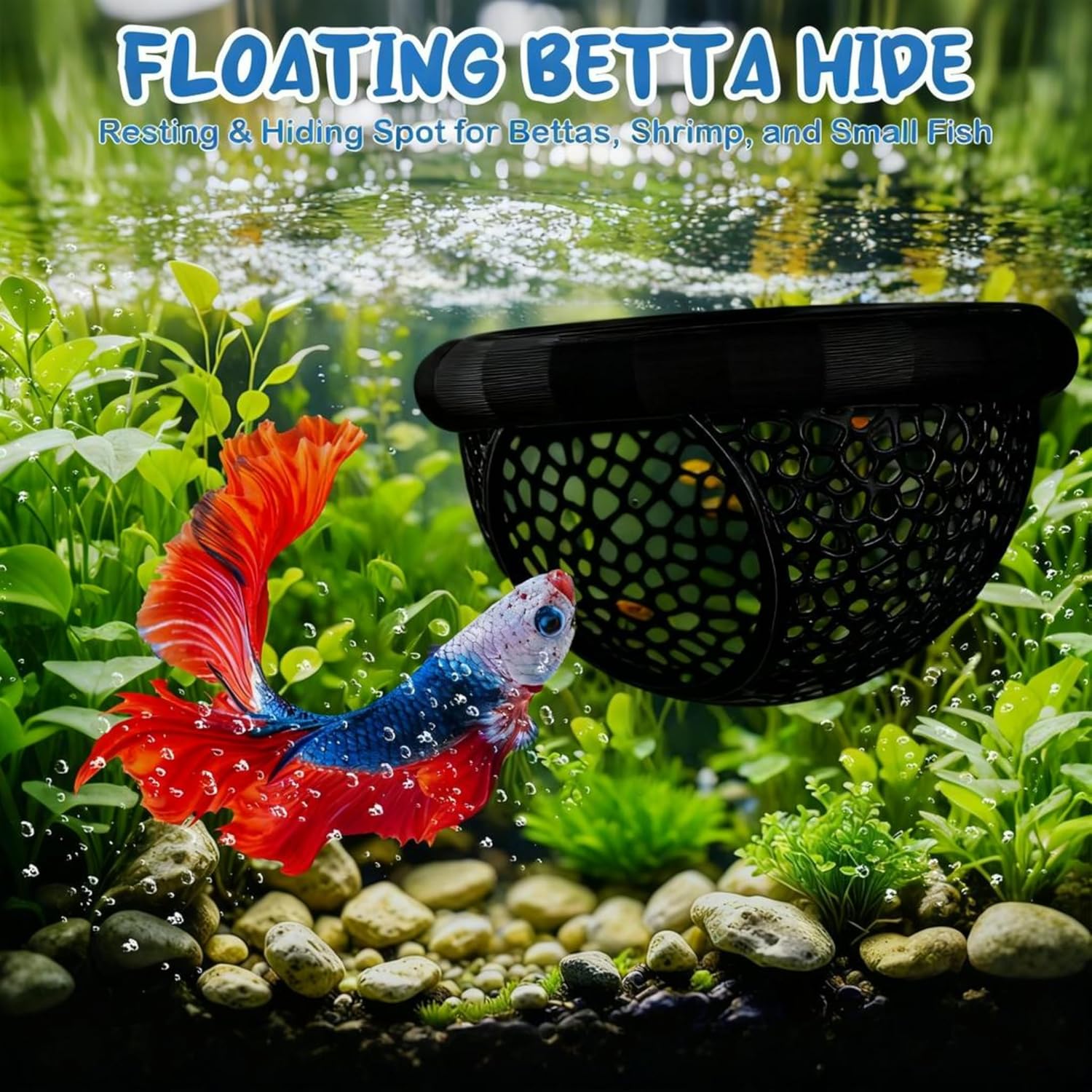 2 Sizes Floating Betta Fish Hide and Shrimp Cave – 3D Printed Aquarium Hammock, Floating Feeder Ring, and Resting Shelter for Nano Aquariums & Fish Tank Decorations (Black)
