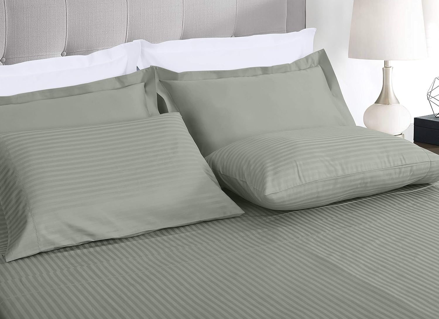 Threadmill 100% Cotton Sheets for Full Size Bed - 600 Thread Count Full Bed Sheets Set with 16” Deep Pocket - Damask Stripe Sateen Weave 4-Piece Bedding Set with Cooling Effect, Moonrock Grey