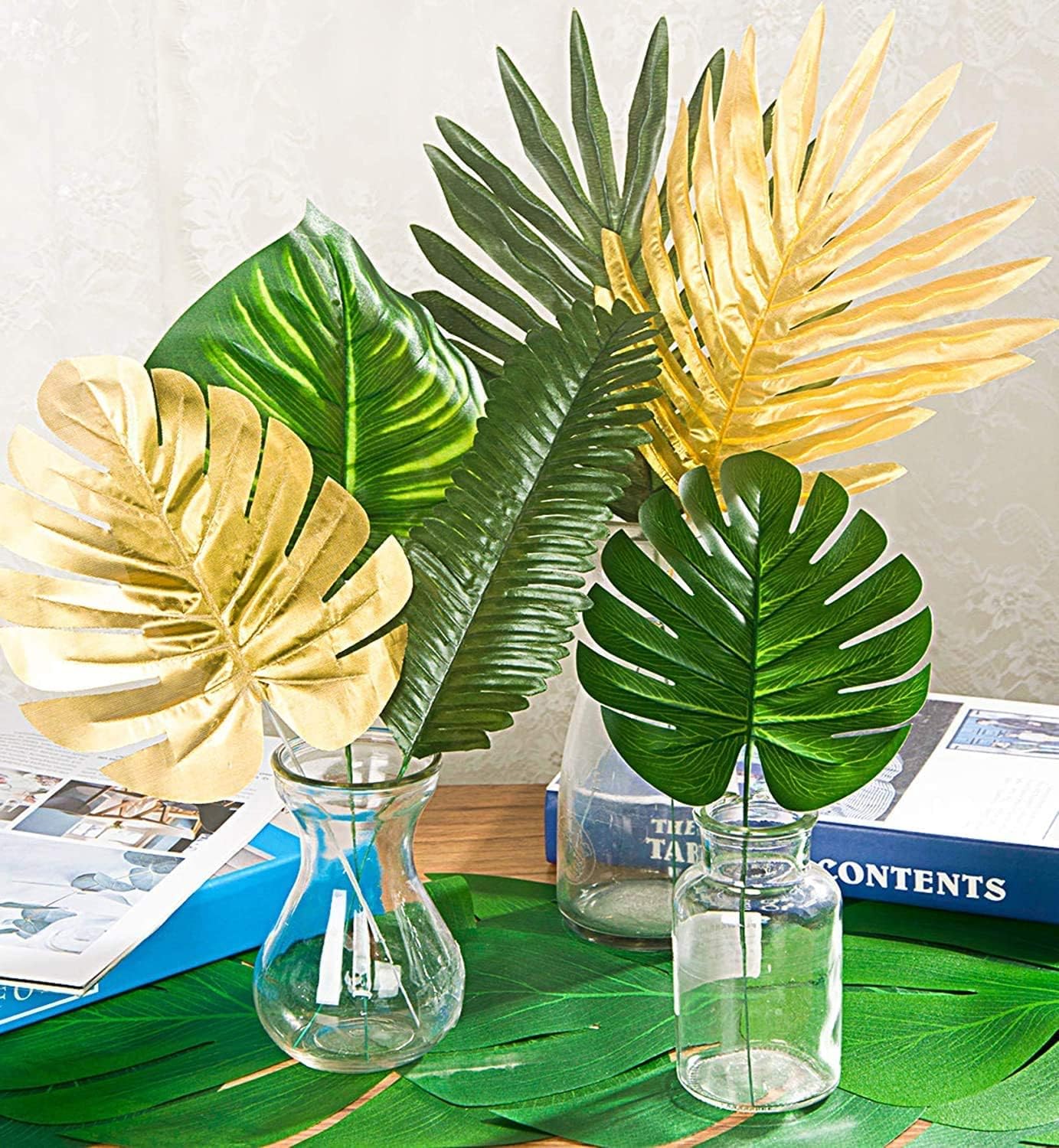 86Pcs 8Kinds Artificial Tropical Palm Leaves Jungle Safari Leaves Faux Plant Golden Leaves Decorations for Hawaiian Beach Birthday Luau Party Table Decorations