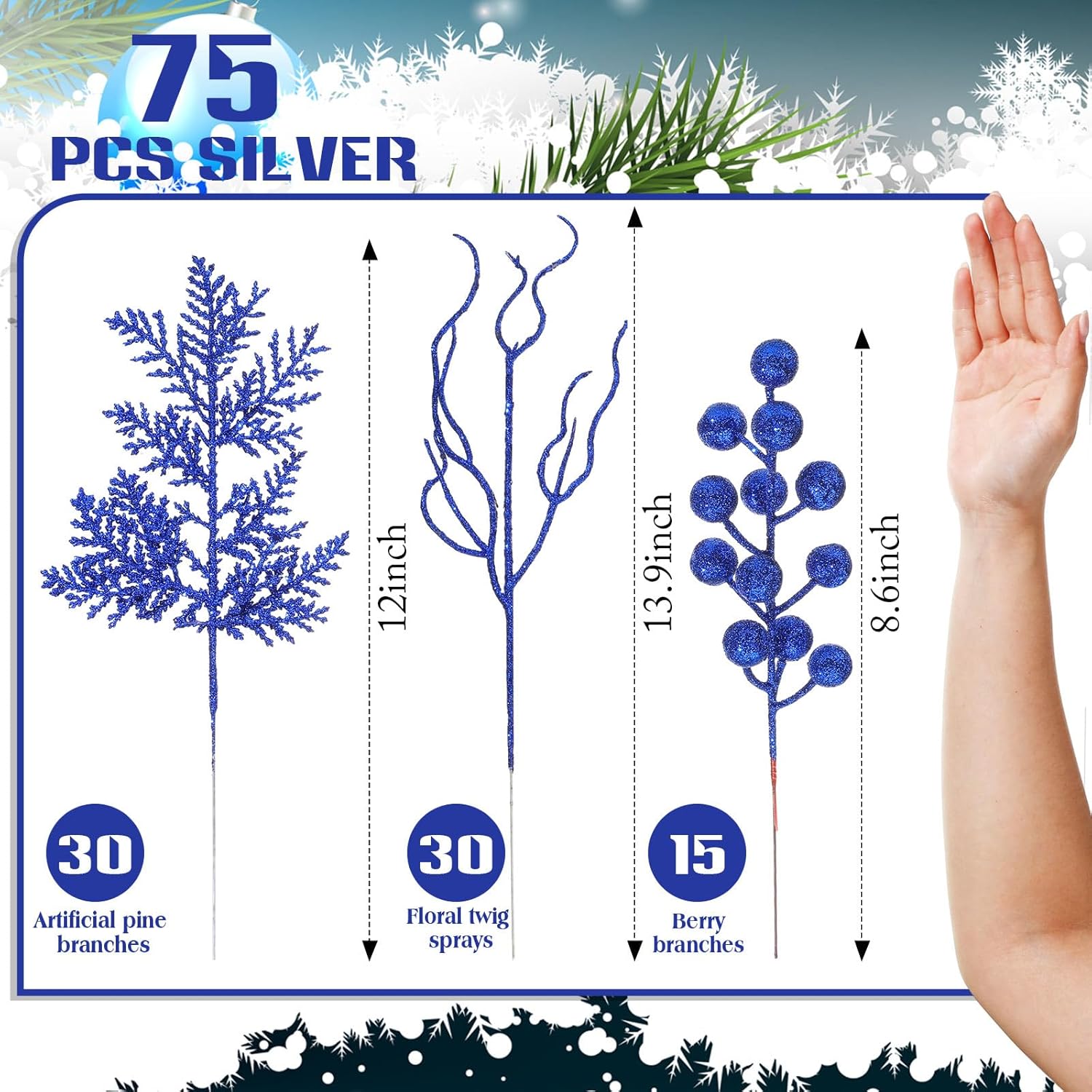 75 Pcs Christmas Glitter Branches 3 Styles Artificial Christmas Picks Berries Stems Pine Needles Floral Twig Spray for Xmas Tree Ornaments DIY Wreath Garland(Blue)