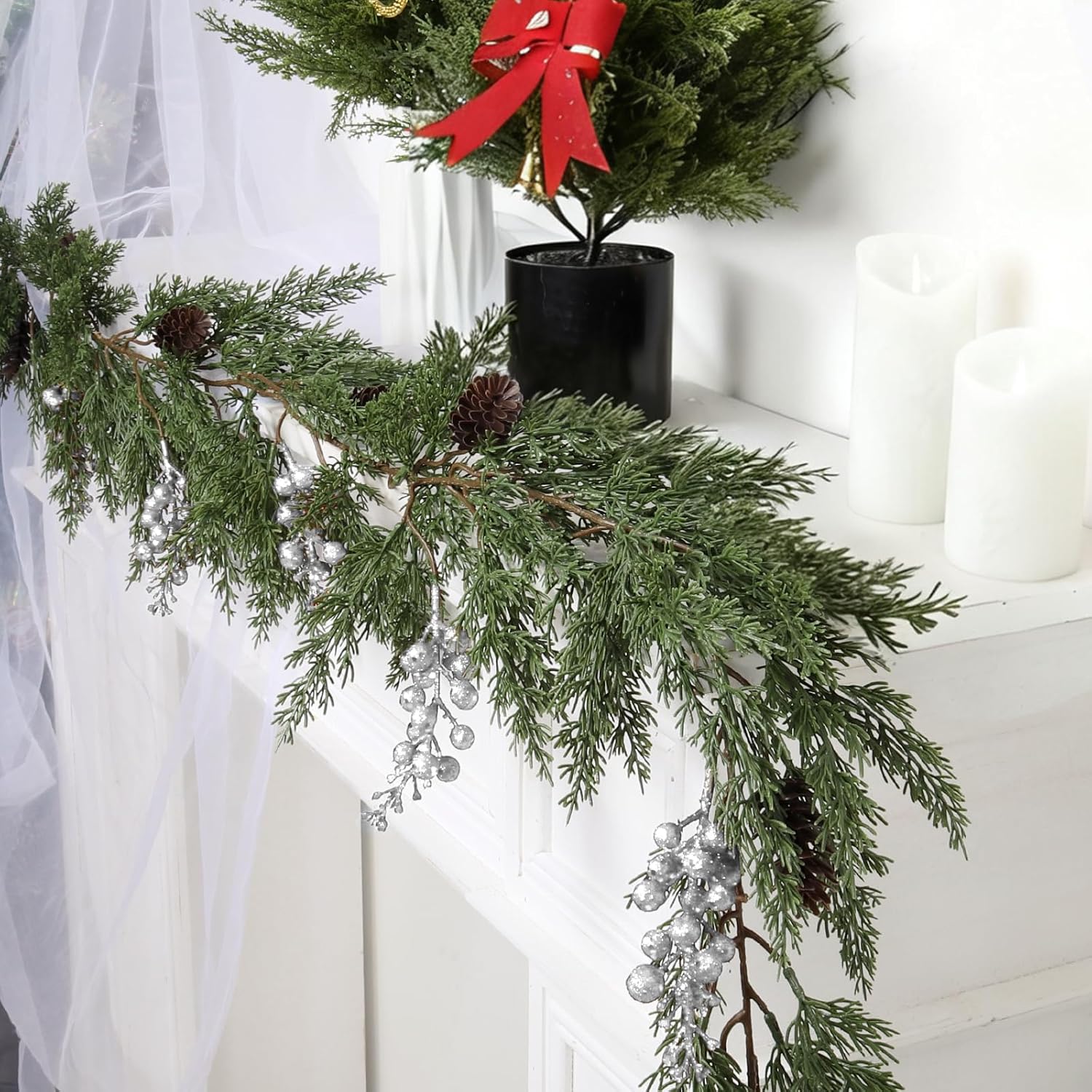 SJL Faux Cypress Pine Garlands 1Pcs Christmas Garland Artificial Realistic Holiday Cedar Pine Needles Greenery Garland Decoration with Pinecones and Berries for Fireplace Table Christmas Party Home