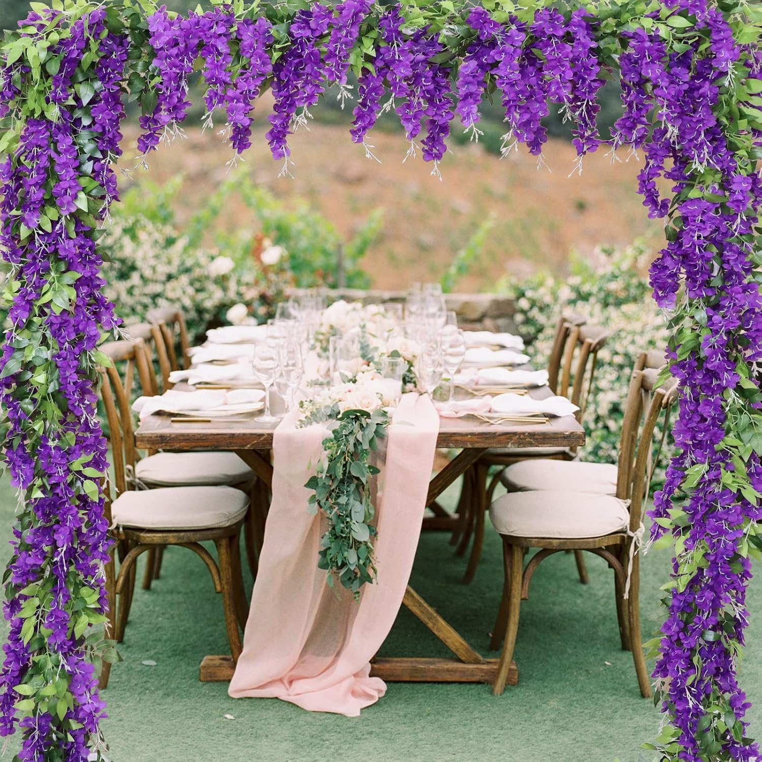 Wisteria Artificial Flowers Garland, 4Pcs 7.2Ft/Piece Silk Fake Wisteria Vine Kit, Hanging Flower for House Outdoor Garden Ceremony Outside Wedding Arch Floral Decor (4, Purple)