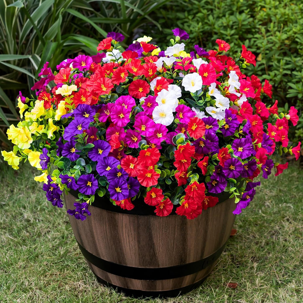 Artificial Faux Flowers for Outdoor 16 Bundles Boxwood Fake Morning Glory for Planter,UV Resistant Fake Flowers for Home Porch Patio Outside（7 Color）