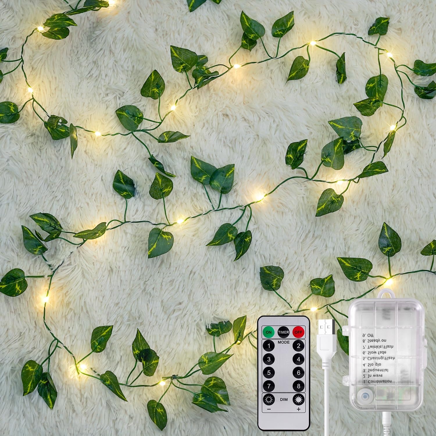 OMIKA Vine with Fairy Lights Battery Operated, 40FT 120LED Pothos String Lights with Remote, Pothos Leaf Lights for Bedroom, Wall, Garden, Party, Wedding Decor(Warm White)