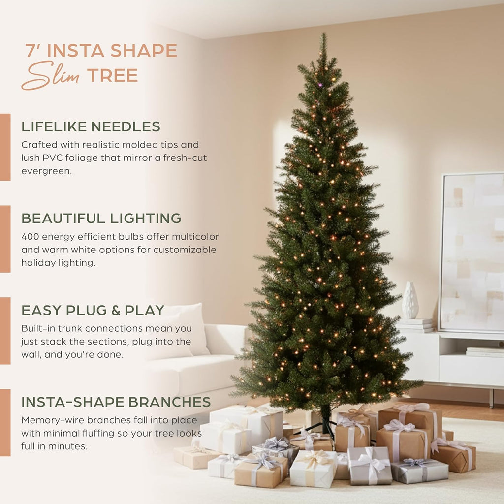 Holiday Bright Lights Slim 7 ft Pre-Lit LED Artificial Christmas Tree, 400 5mm RGBWW Lights, Power-Pole Trunk, App + Remote + Foot Pedal, 45" Base with 847 Tips for a Full Look
