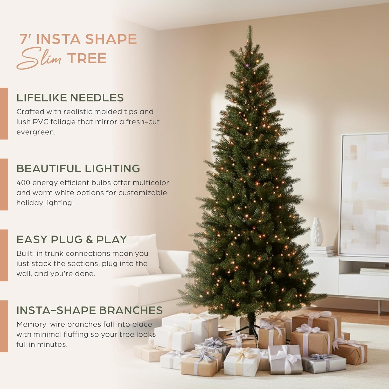 Holiday Bright Lights Slim 7 ft Pre-Lit LED Artificial Christmas Tree, 400 5mm RGBWW Lights, Power-Pole Trunk, App + Remote + Foot Pedal, 45" Base with 847 Tips for a Full Look