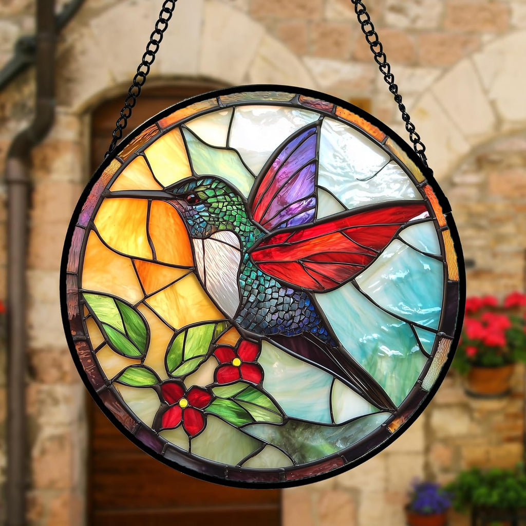 Stained Glass Window Hanging, Hummingbird Gifts Sun Catchers Diamond Glass Panel Hangings Birds Suncatcher Decor for Birthday for Women, Men, Wife, Aunt, and Mom 9.8X9.8IN