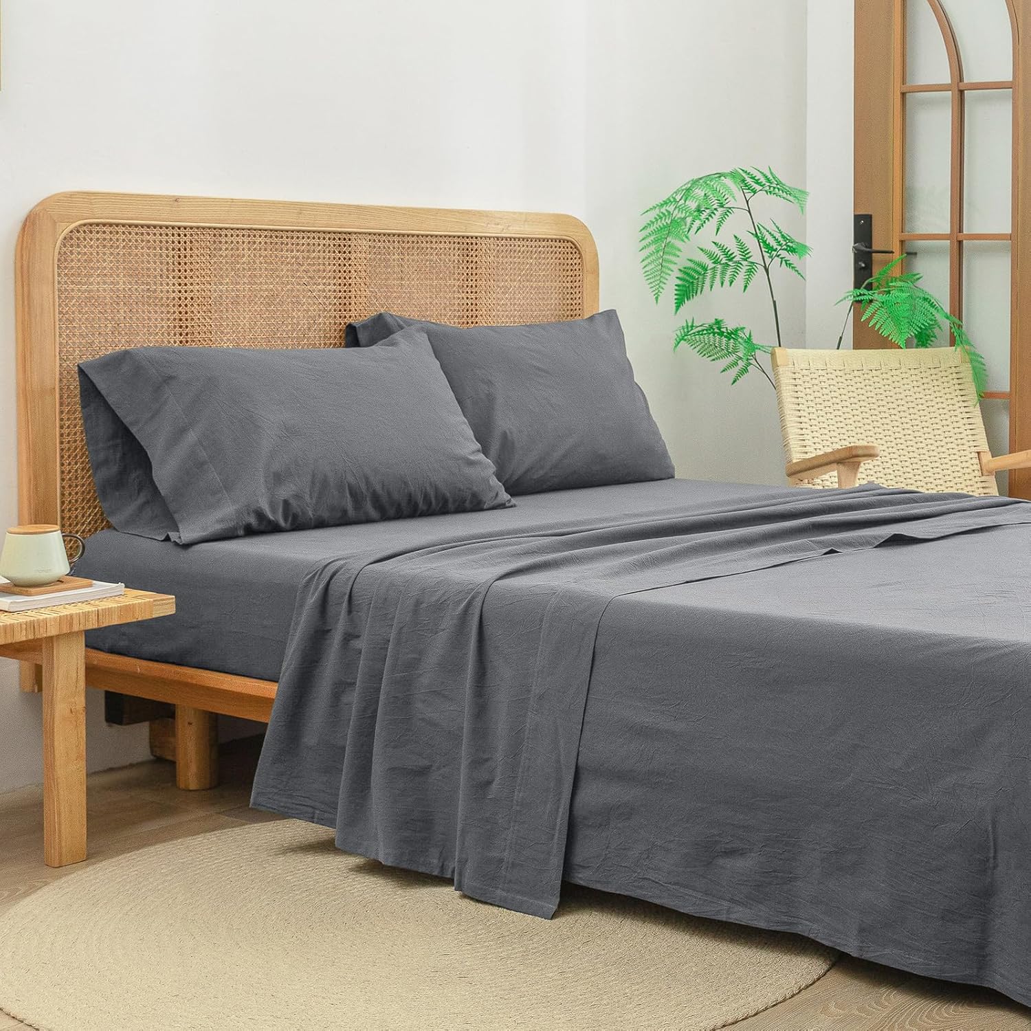 BESTOUCH Sheet Set 100% Washed Cotton Linen Feel Super Soft Comfortable Chic Lightweight 4 Pcs Home Bedding Set Solid Quiet Shade Grey Queen