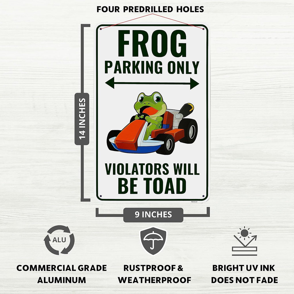 Venicor Frog Parking Sign Decor - 9 x 14 Inches - Aluminum - Cute Frog Gifts for Frog Lovers Women - Frog Tank Room Decorations Accessories Stuff