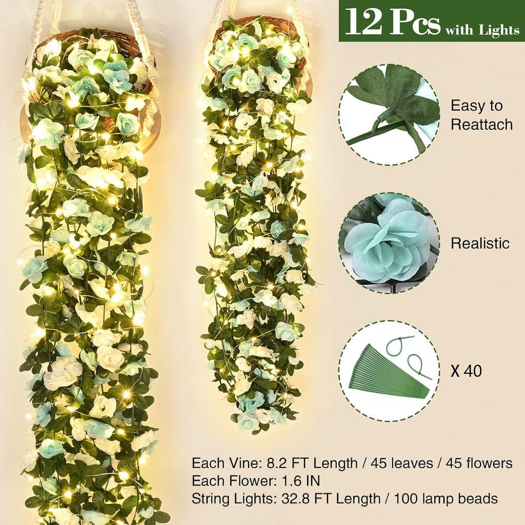 BLEUM CADE 12Pcs 98.4Ft Flower Garland Artificial Rose Vines with 98.4Ft String Lights, Cute Fake Hanging Flower Vines Floral Garland Decorations for Wedding Party Wall Room Decor Aesthetic