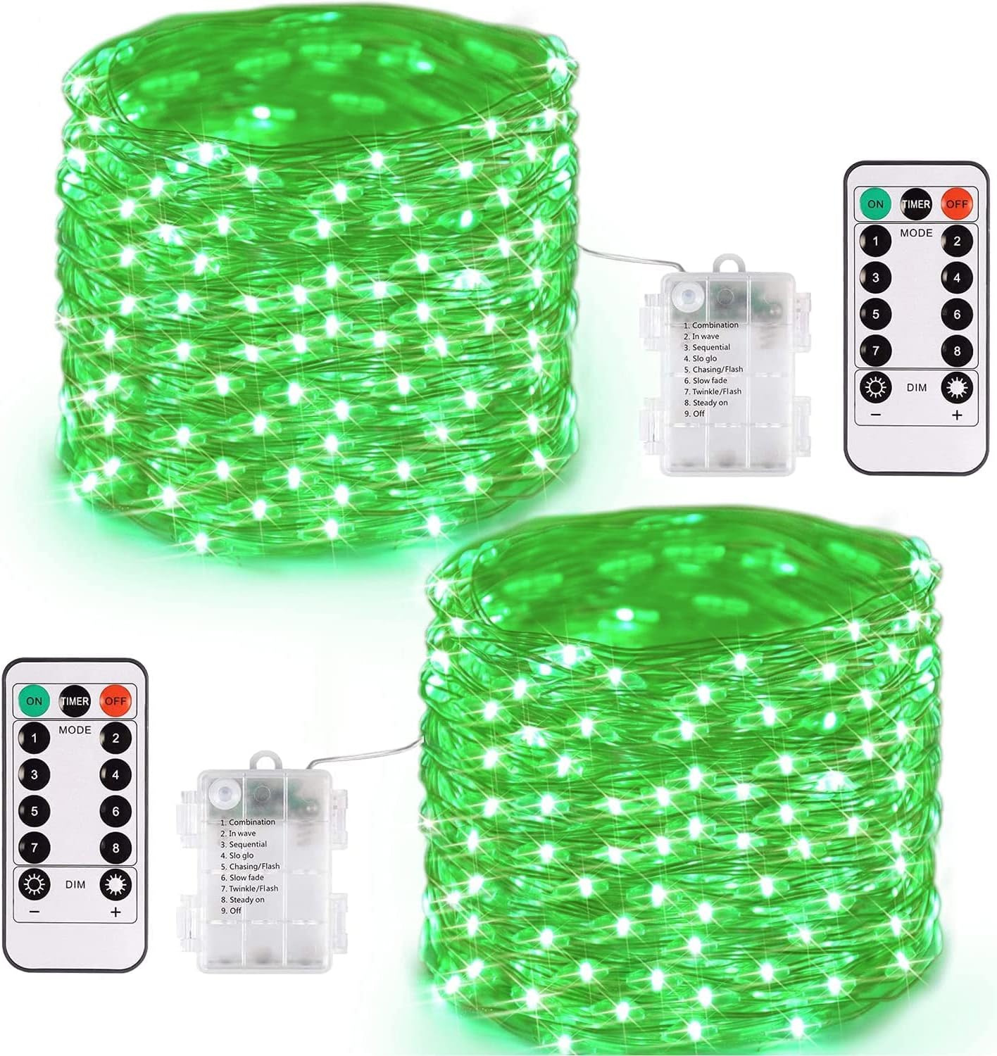 JMEXSUSS 2 Pack Green Fairy Lights Battery Operated, Total 400 LED 132ft Twinkle String Lights with Remote, 8 Modes Christmas Lights for Tree Fireplace Bedroom Indoor Outdoor Halloween Xmas Decor