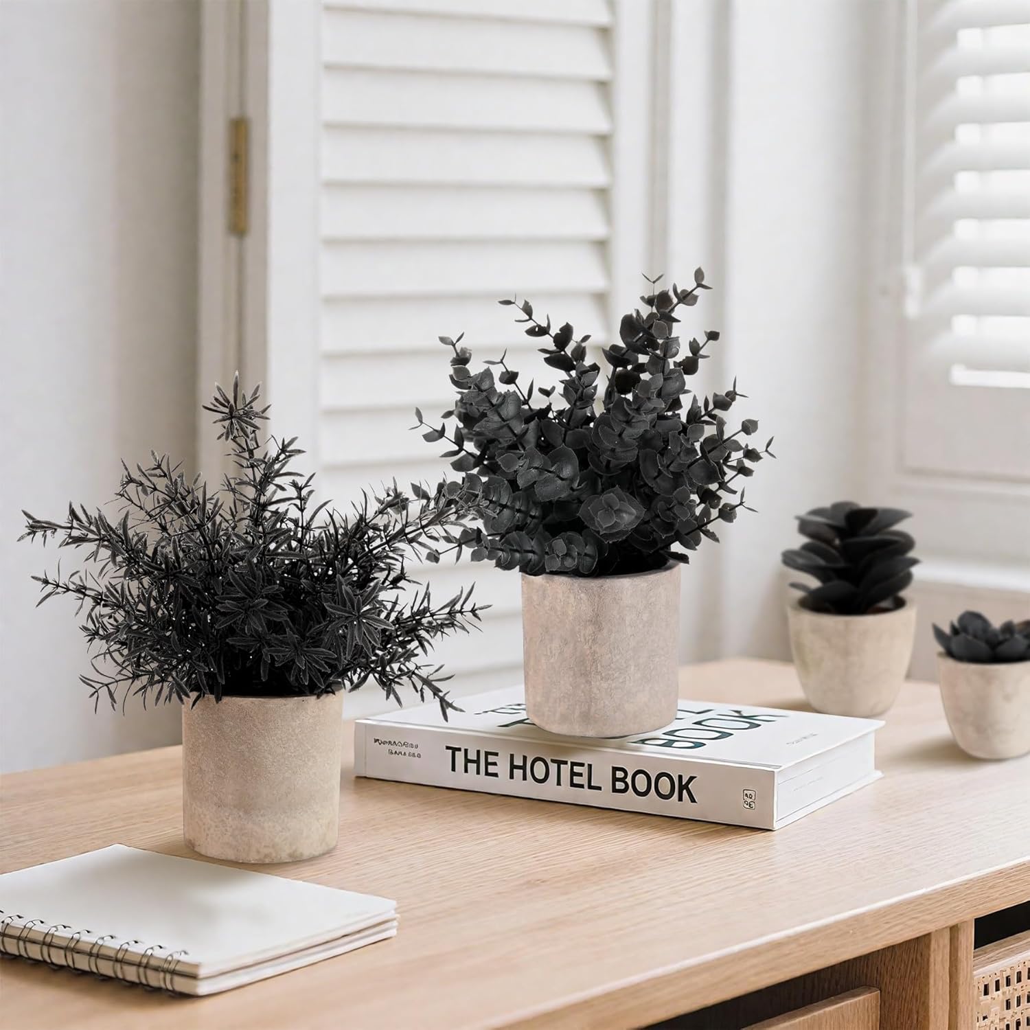 ALAGIRLS 4 Packs Fake Plants Small Artificial Plants Indoor Black Eucalyptus Rosemary Succulents Plants Potted Faux Plants for Home Indoor Office Bathroom Living Room Decor