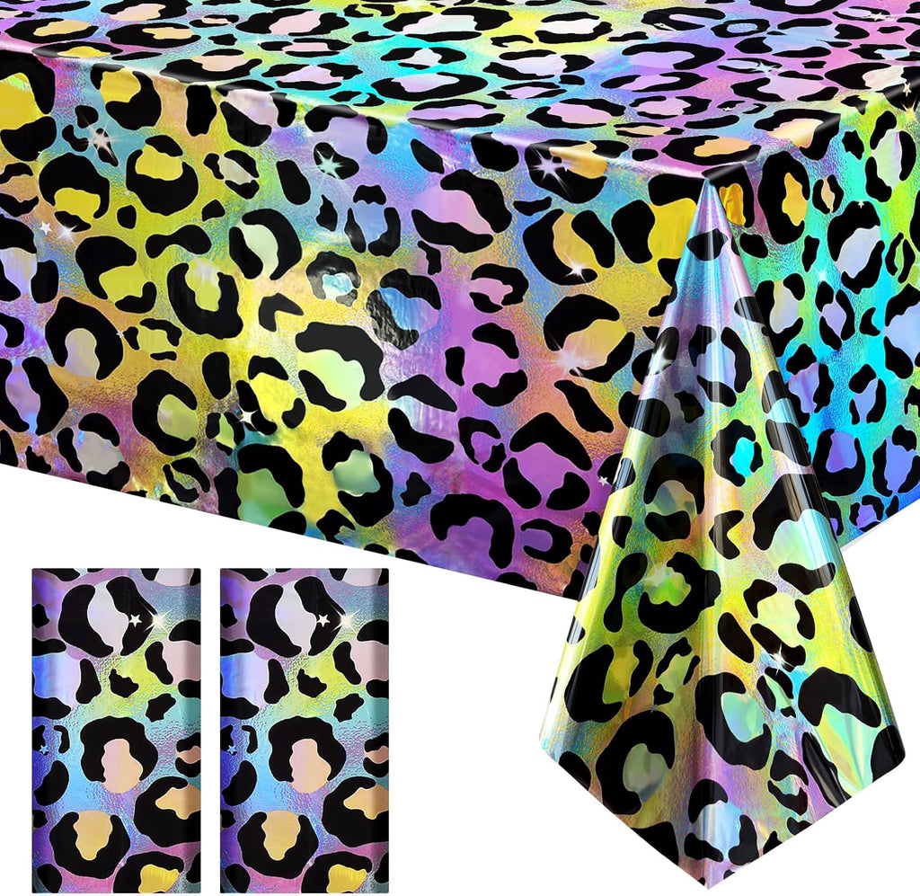 2 Pack Colorful Leopard Print Holography Tablecloth, 54x108, Disposable Plastic Table Cover for Jungle Safari, Cheetah Theme, Birthday Party, and Event Decorations