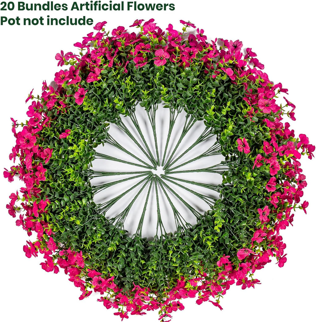 20 Bundles Artificial Flowers for Outdoor Fake Plants for Spring Decoration,Faux Eucalyptus Flowers for Planter UV Resistant Lifelike for Home Porch Garden（Rose Red）