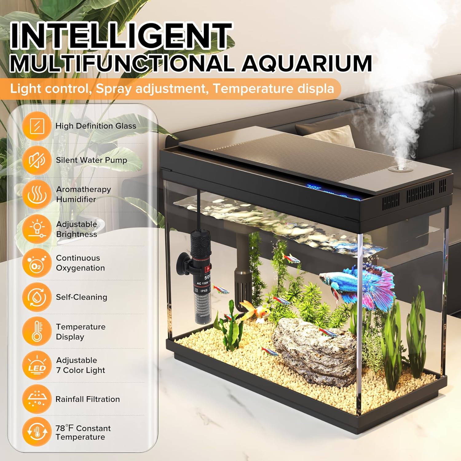 Fish Tank 2.4 Gallon Aquarium with Heater, 3-in-1 Silent Pump with Filteration & Oxygenation & Circulation, 7-Color Timer Cycle Light, Temperature Display, Humidifier, HD Glass Fish Bowl