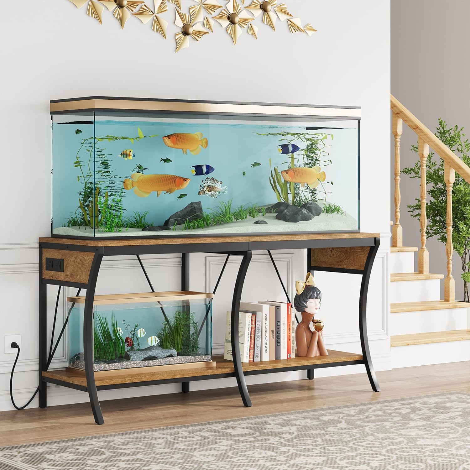 55-90 Gallon Fish Tank Stand with Power Outlets, 2-Tier Aquarium Stand with LED Light Strip & Open Storage Shelves, Heavy Duty Metal Table for Reptile Tank, 1150 LBS Capacity, Light Brown and Black