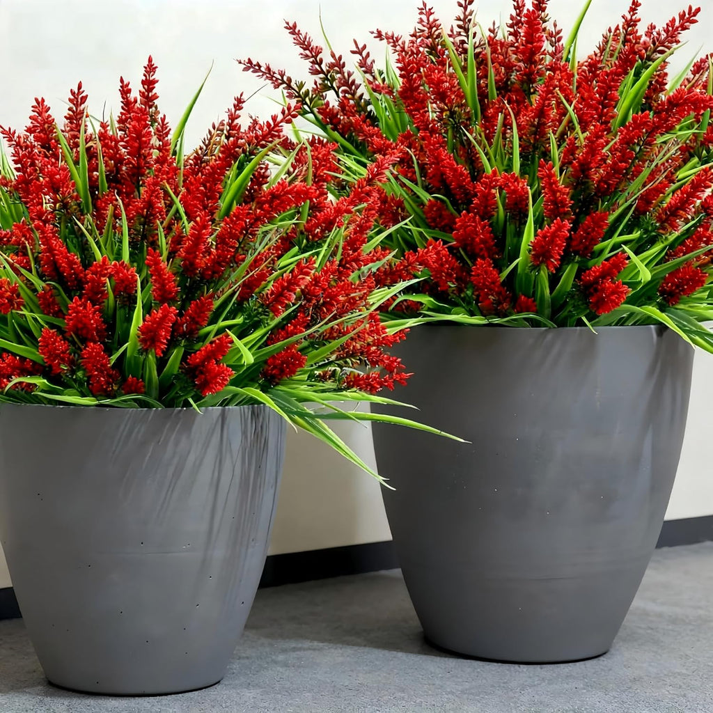 Geegoods Artificial Red Lavender Flowers for Outdoors – 24 Bundles UV Resistant Fake Flowers with Monkey Grass, Realistic Artificial Plants Outdoor for Garden, Patio, Porch, Window Box & Home Décor