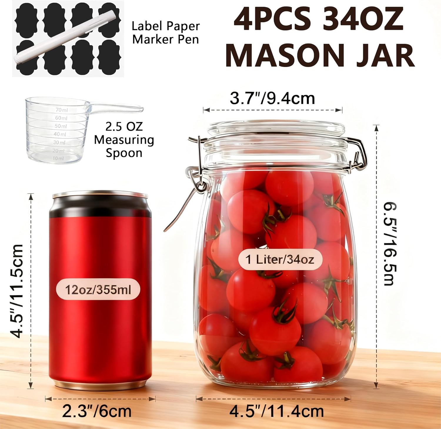 6PCS Glass Jars with Airtight Lid, 34 OZ Mason Jars Wide Mouth, Glass Pickling Jars for Canning & Fermenting, Mason Storage Container for Coffee, Flour, Sugar, Pasta