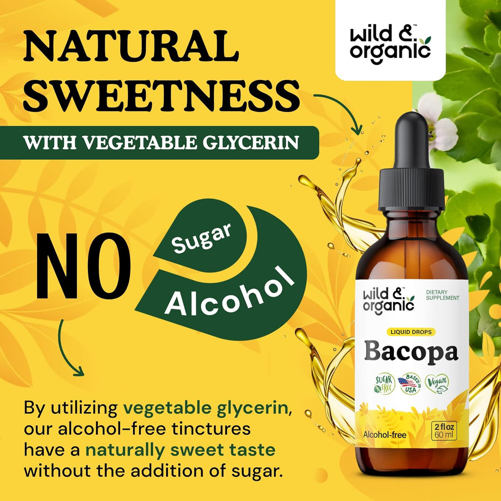 Wild & Organic Bacopa Tincture - Supports Calm, Focus, Clarity - Bacopa Monnieri Supplement Liquid - Alcohol-Free Drops with Brahmi Extract - Vegan, Sugar-Free - 2-Month Supply - 2 fl oz